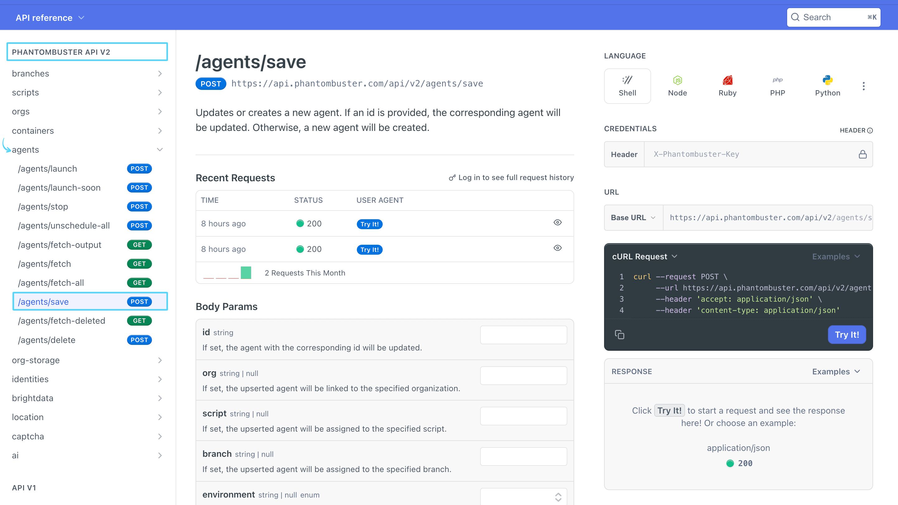 PhantomBuster API reference showing the POST /agents/save endpoint