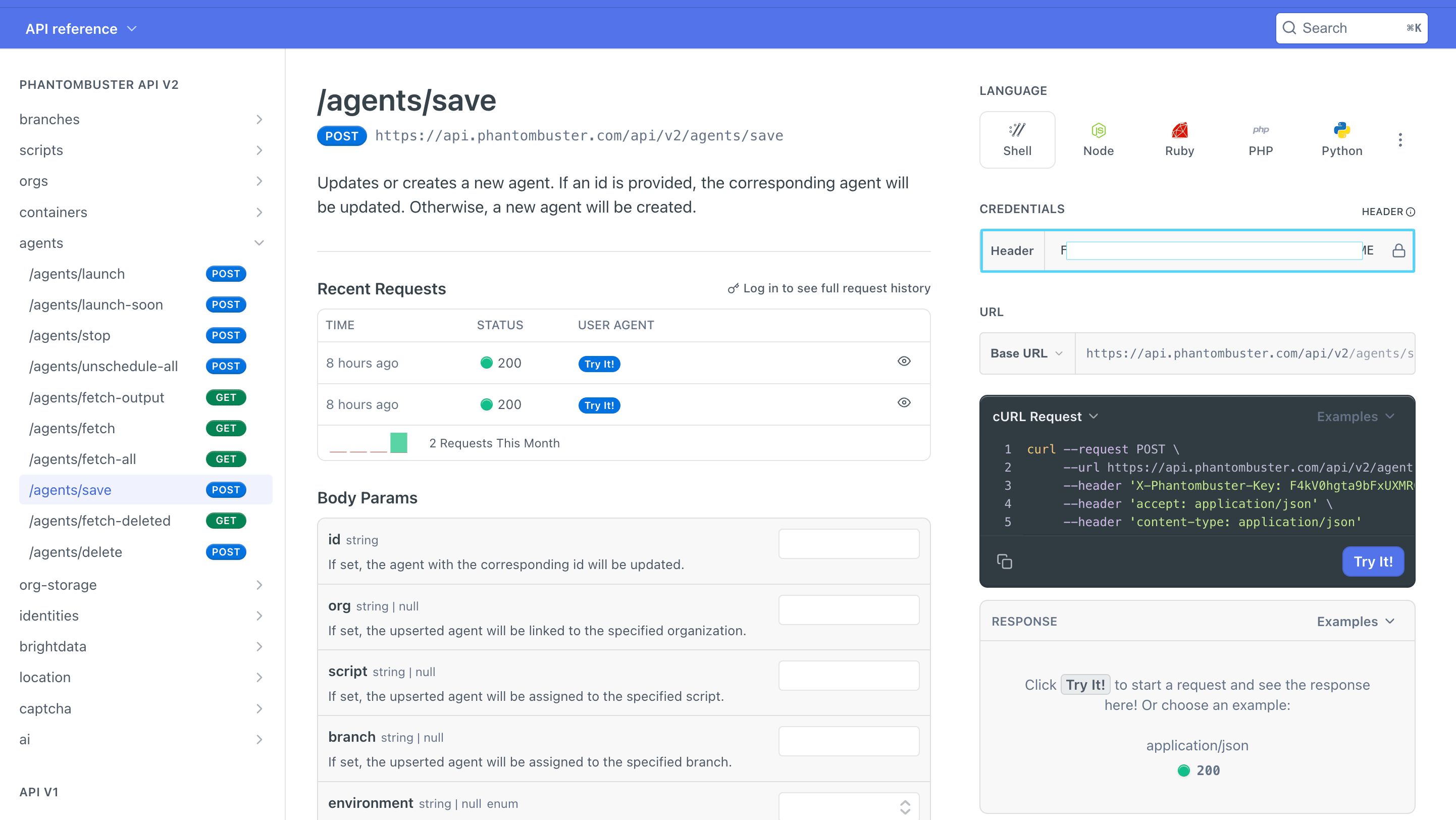 PhantomBuster API reference Credentials section showing the X-Phantombuster-Key field for /agents/save