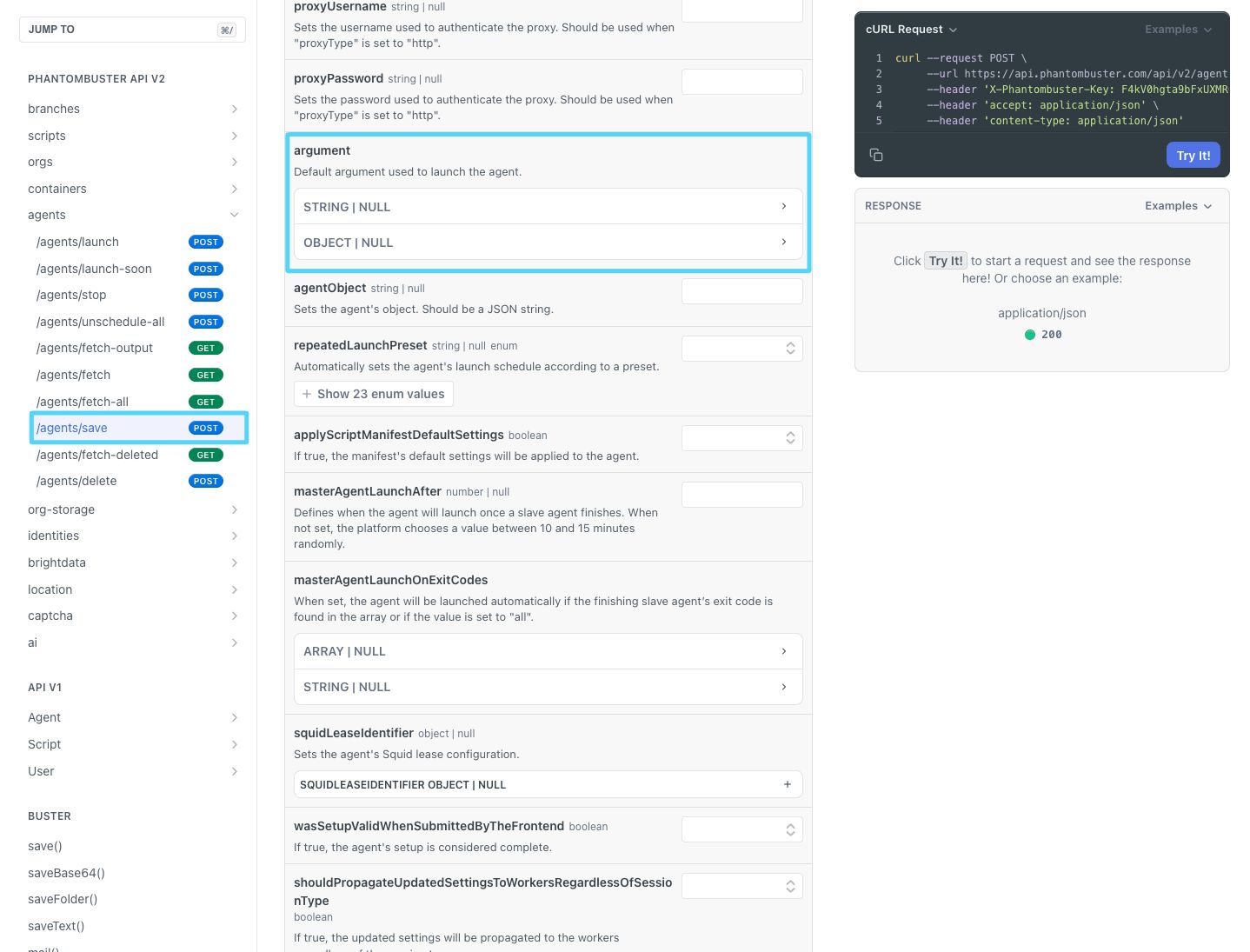 PhantomBuster API reference /agents/save showing the optional argument field