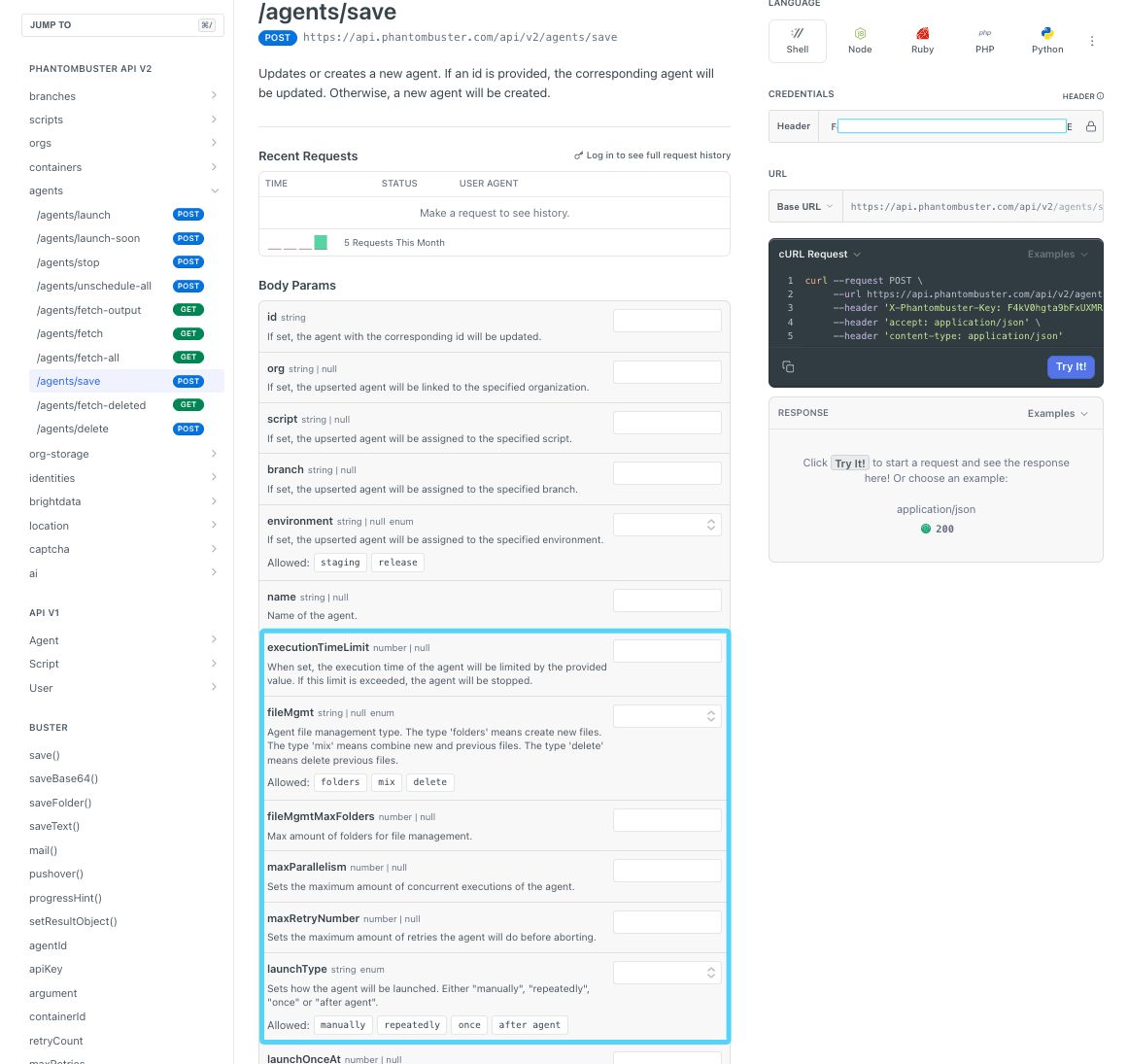 PhantomBuster API reference /agents/save showing additional optional configuration fields
