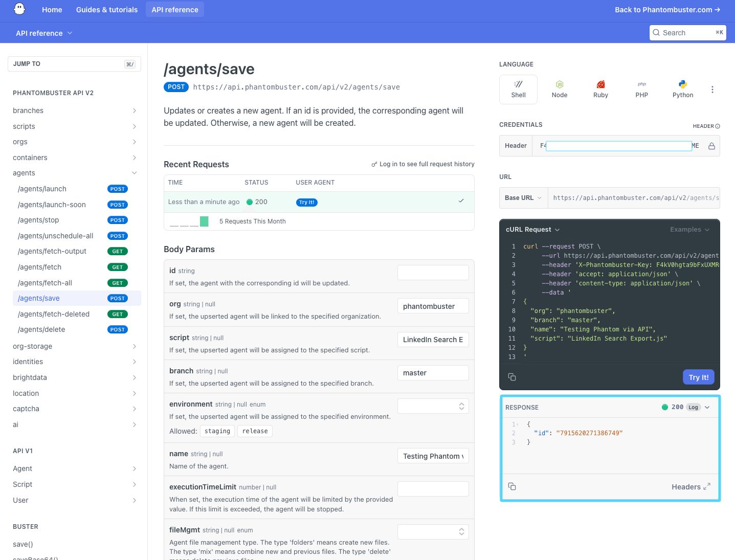 PhantomBuster API reference response showing a 200 status and the new Phantom Agent ID