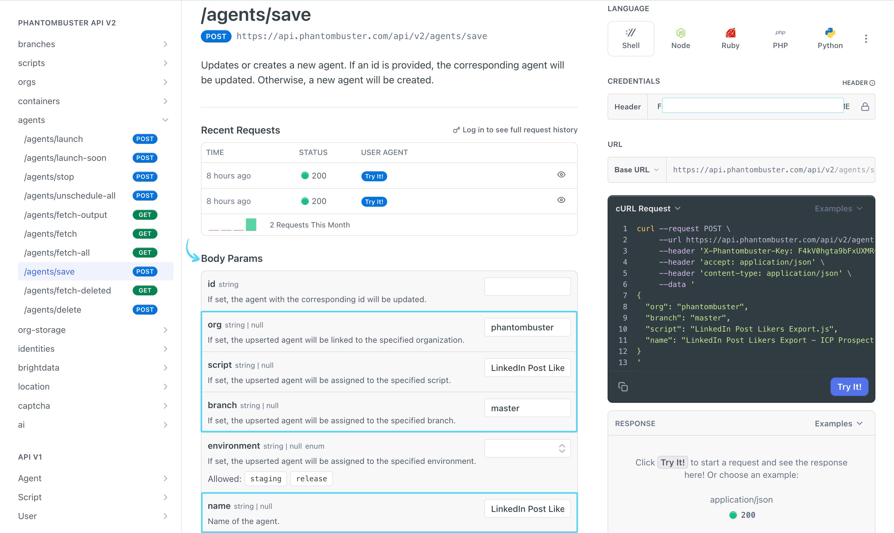 PhantomBuster API reference /agents/save Body params section showing the required fields