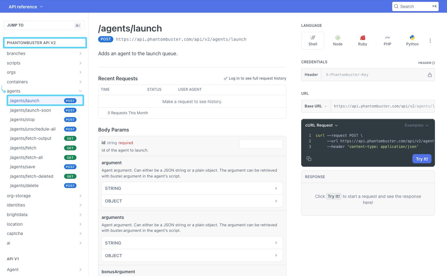 PhantomBuster API reference showing the POST /agents/launch endpoint