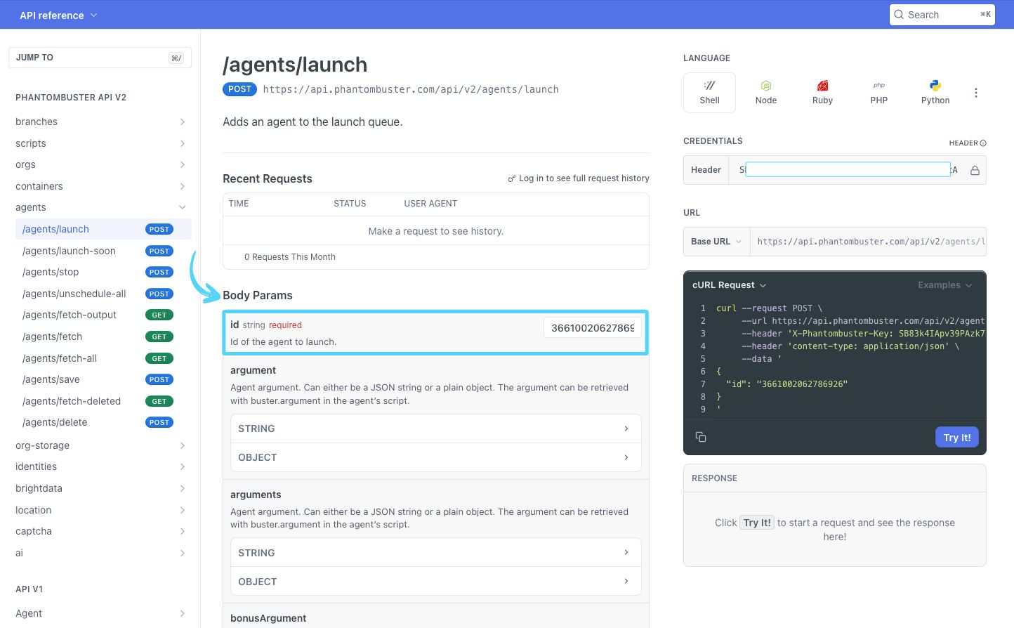 PhantomBuster API reference /agents/launch Body params section showing the id field for the Agent ID