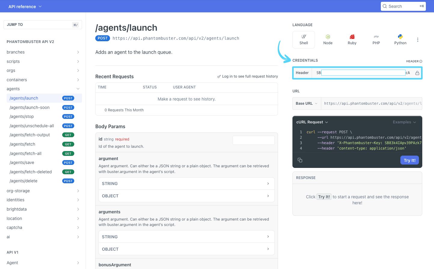PhantomBuster API reference Credentials section with the X-Phantombuster-Key API key added