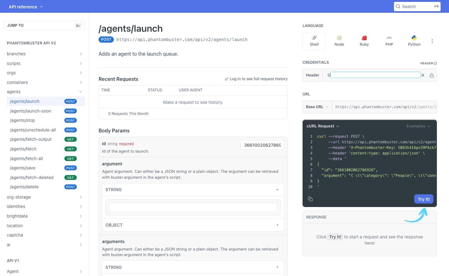 PhantomBuster API reference showing the Try it button for /agents/launch