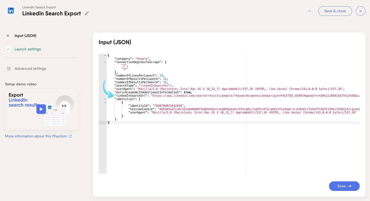 PhantomBuster Phantom setup JSON view showing the input field name to override