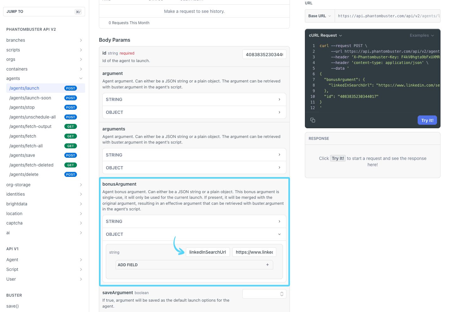 PhantomBuster API reference showing the bonusArgument Object option with a single-field override