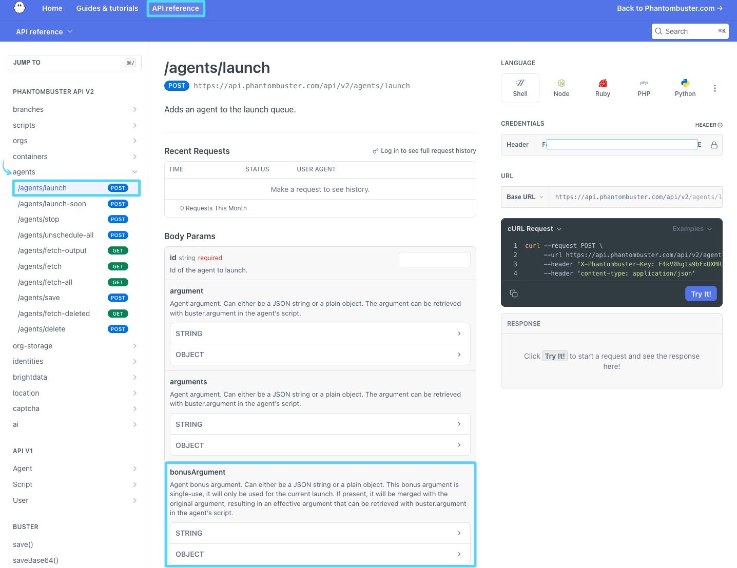 PhantomBuster API reference /agents/launch endpoint showing the bonusArgument field