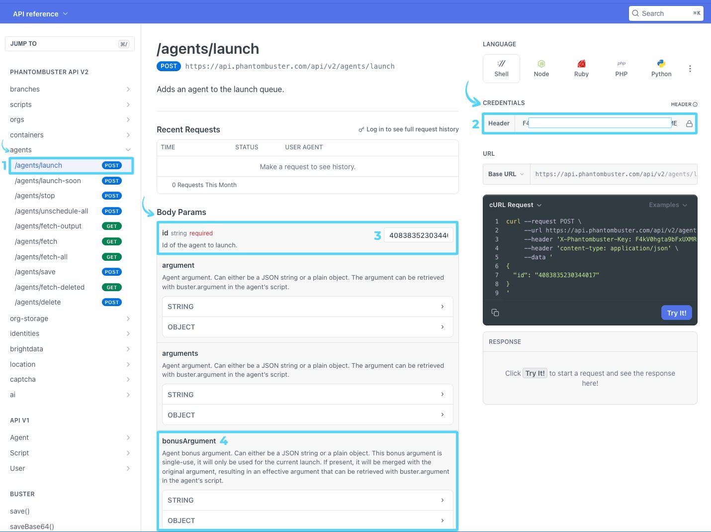 PhantomBuster API reference /agents/launch Body params showing the id field and bonusArgument