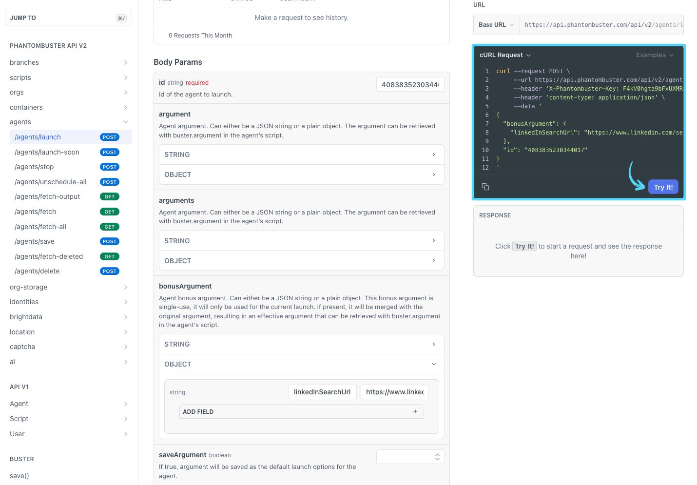 PhantomBuster API reference showing the Try it button for /agents/launch