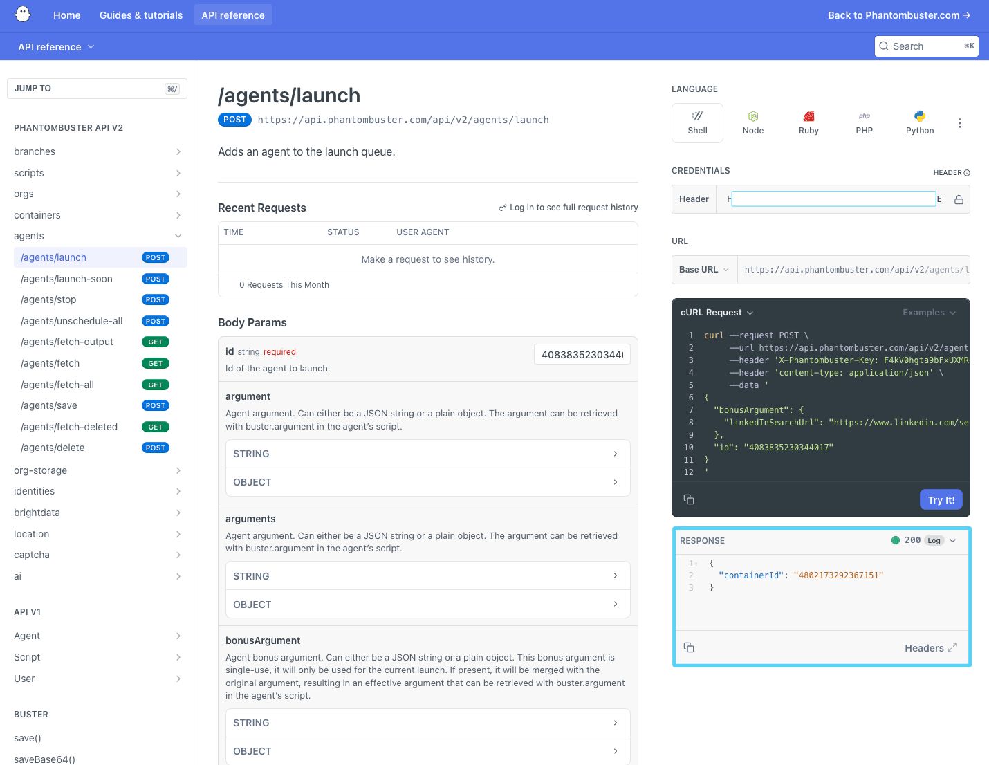 PhantomBuster API reference response showing a 200 status and the Container ID