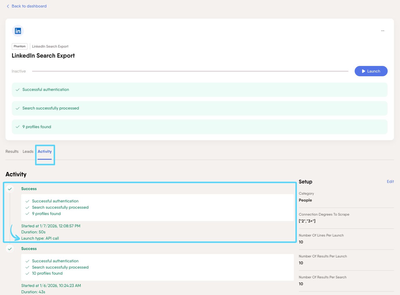 PhantomBuster Phantom Activity tab showing the API launch