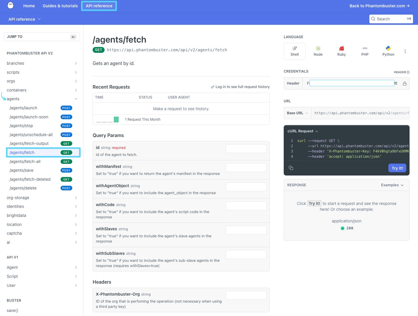 PhantomBuster API reference showing the GET /agents/fetch endpoint