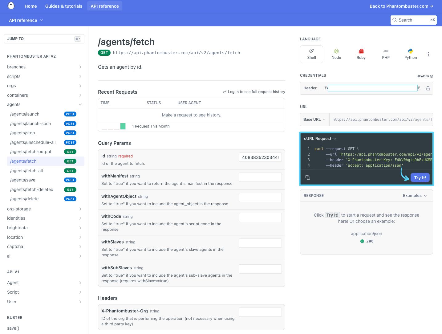 PhantomBuster API reference showing the Try it button for /agents/fetch