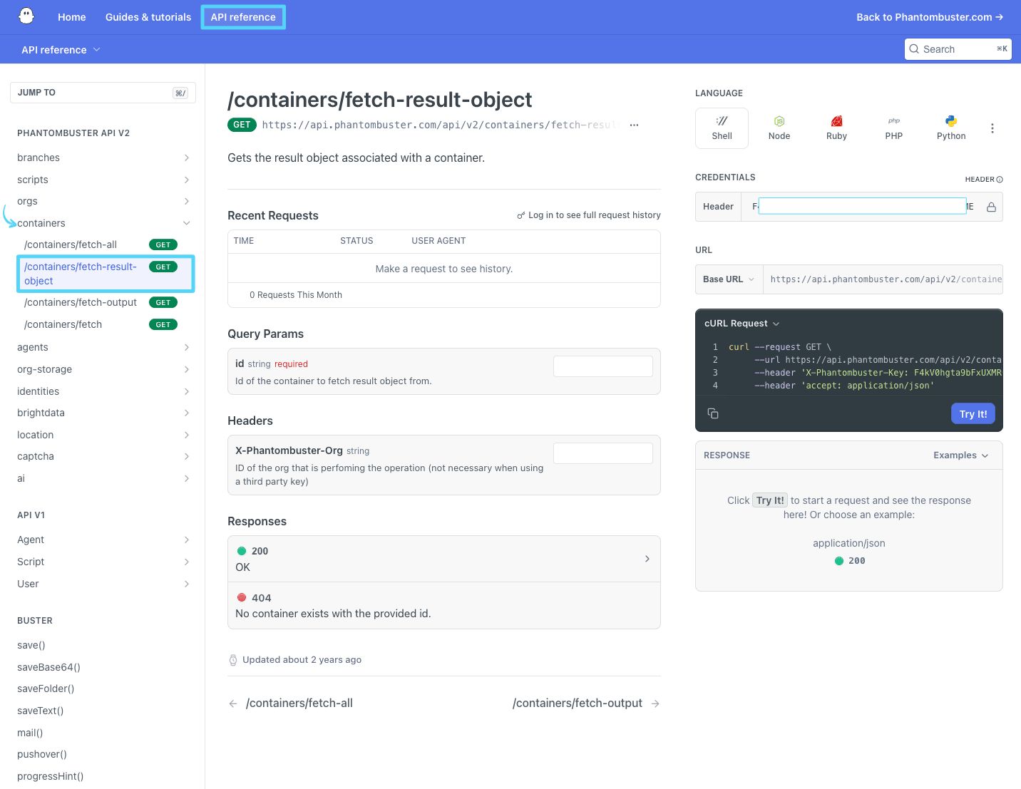 PhantomBuster API reference showing the GET /containers/fetch-result-object endpoint