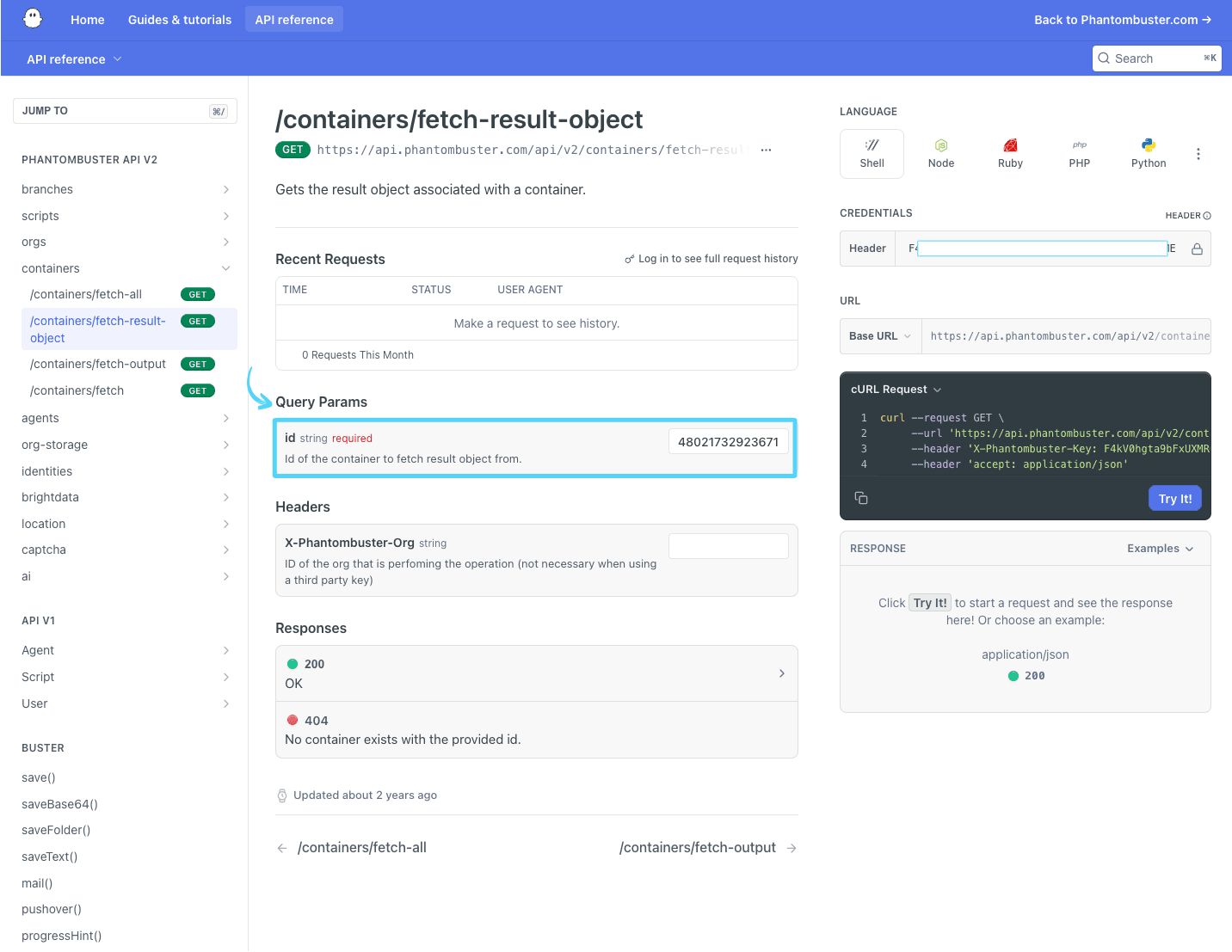 PhantomBuster API reference /containers/fetch-result-object Query params section showing the id field for the Container ID