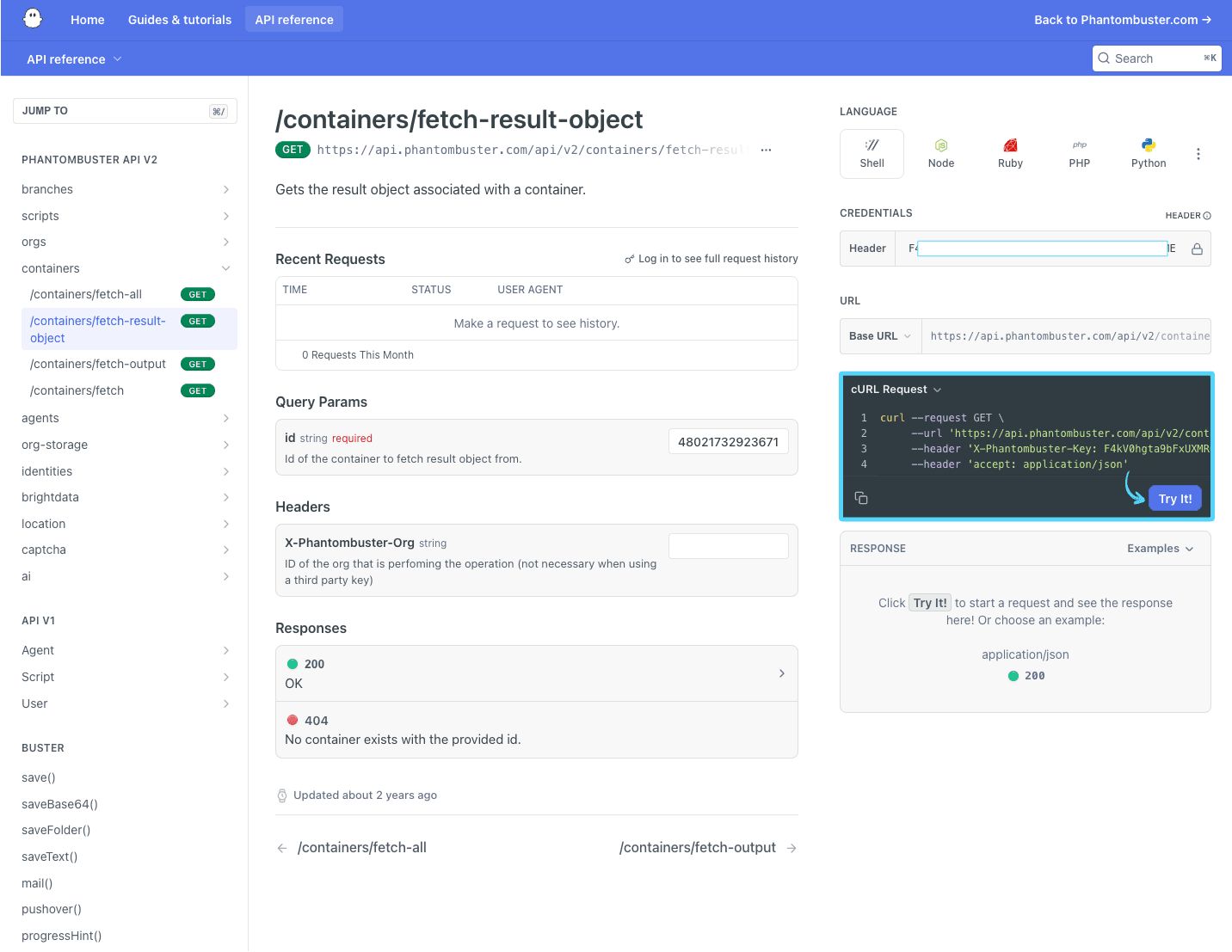 PhantomBuster API reference showing the Try it button for /containers/fetch-result-object