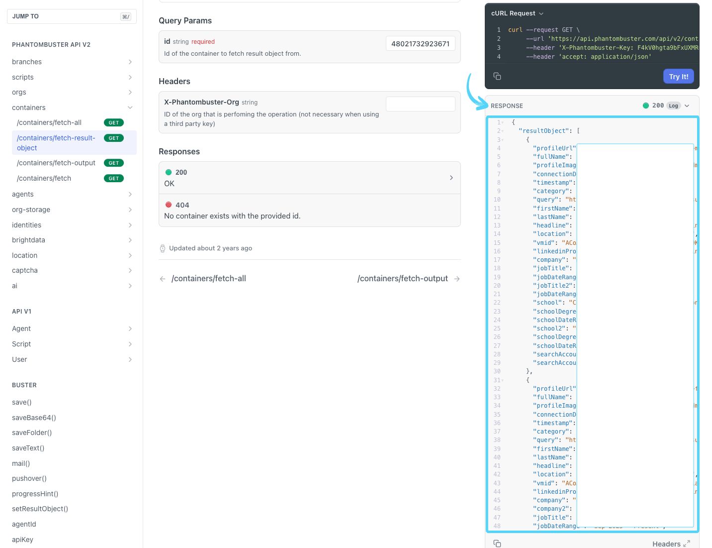 PhantomBuster API reference response showing the resultObject field