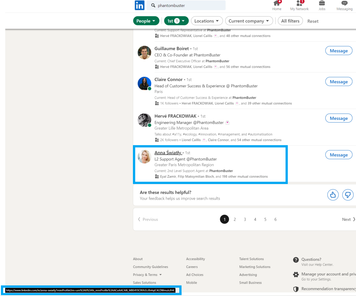 LinkedIn search results showing a profile URL with an internal identifier instead of the profile name