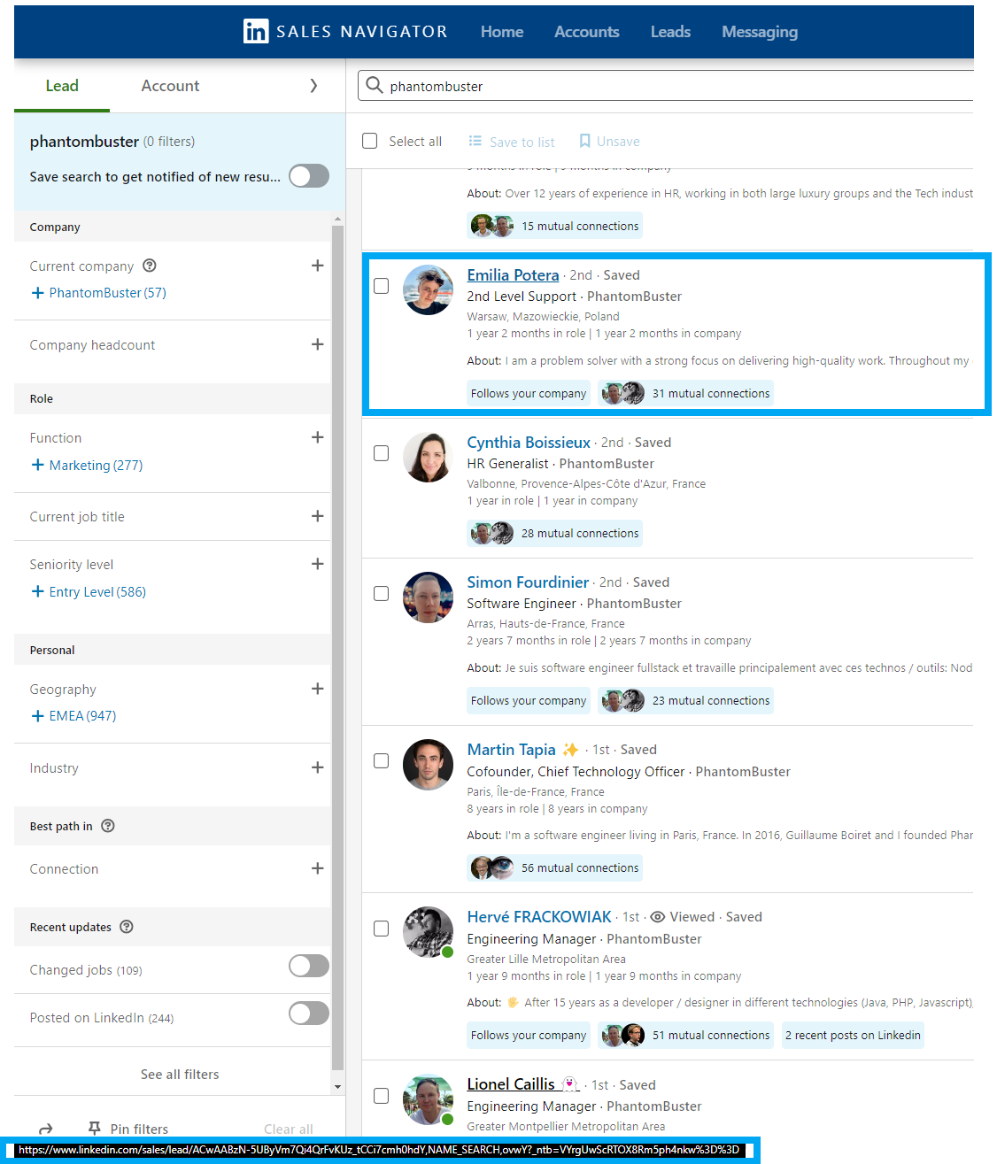 Sales Navigator lead profile showing a URL with an internal identifier instead of the profile name