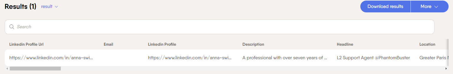 PhantomBuster results showing a clean name-based LinkedIn profile URL returned by the LinkedIn Profile Scraper