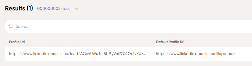PhantomBuster results showing a clean LinkedIn profile URL converted from a Sales Navigator URL