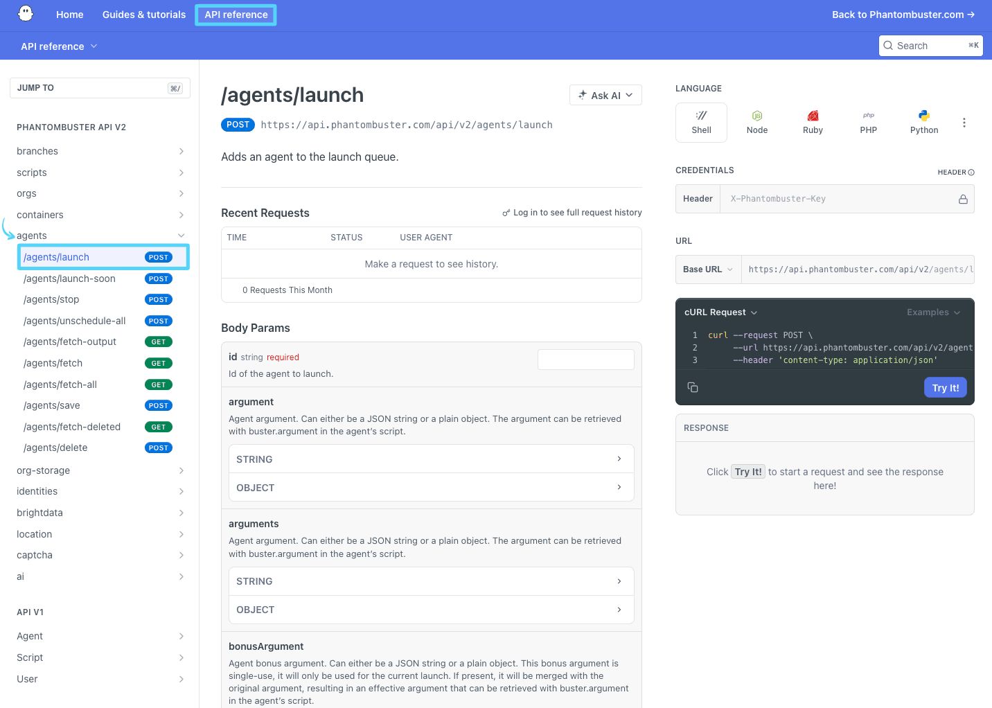 PhantomBuster API reference showing the POST /agents/launch endpoint