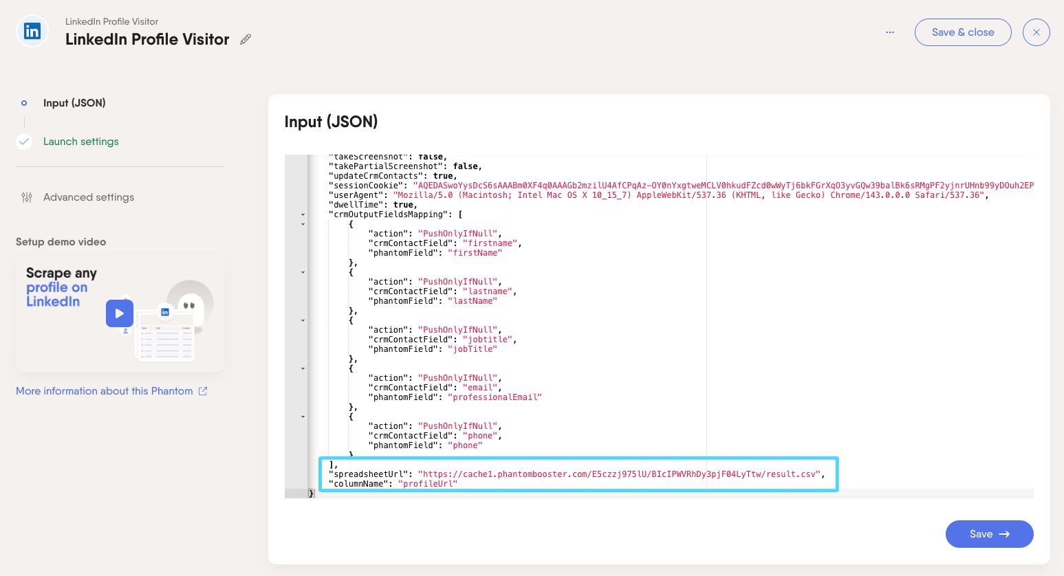 PhantomBuster second Phantom setup JSON view showing the spreadsheetUrl input field