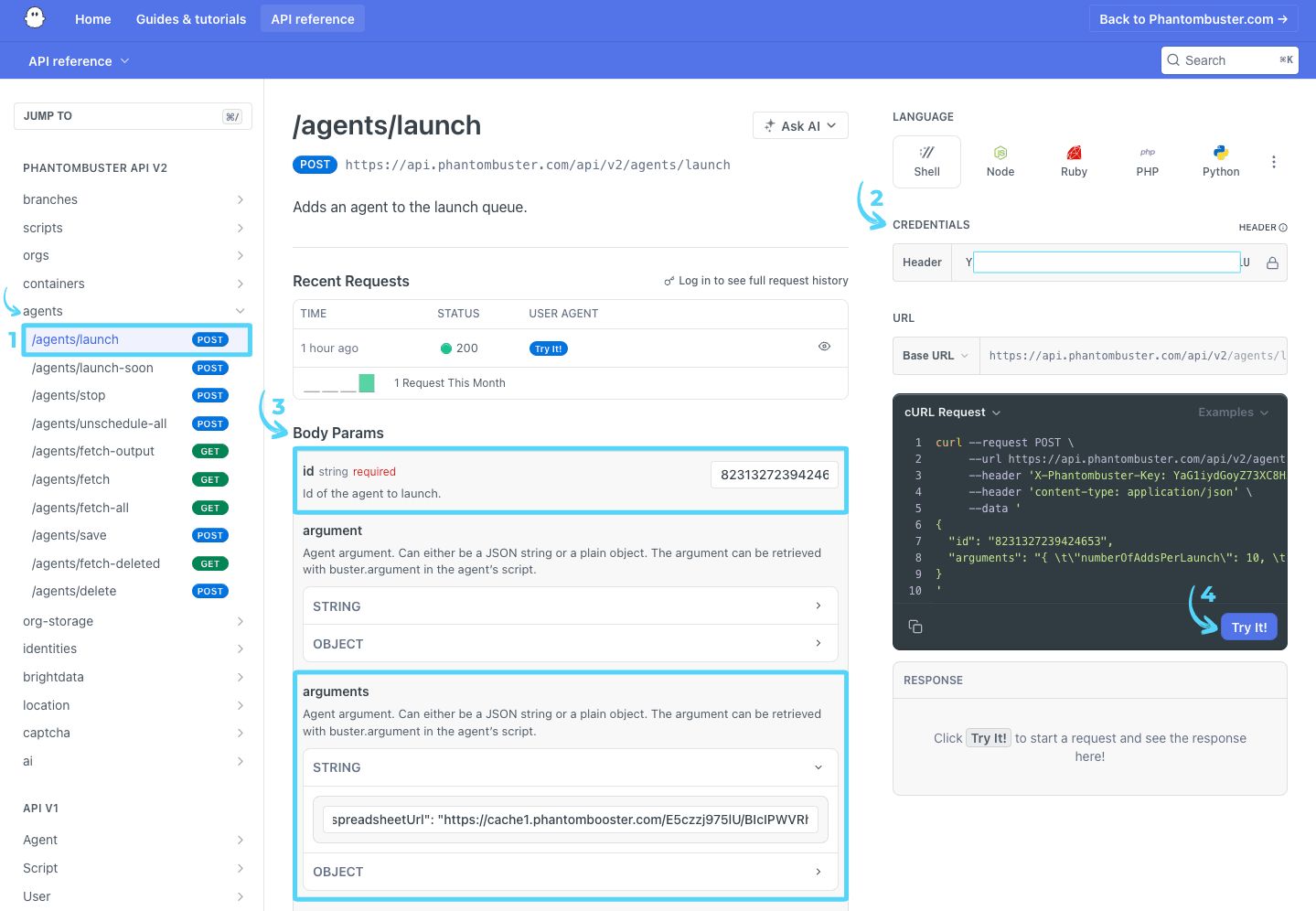 PhantomBuster API reference launching the second Phantom with spreadsheetUrl set to the first Phantom result file URL