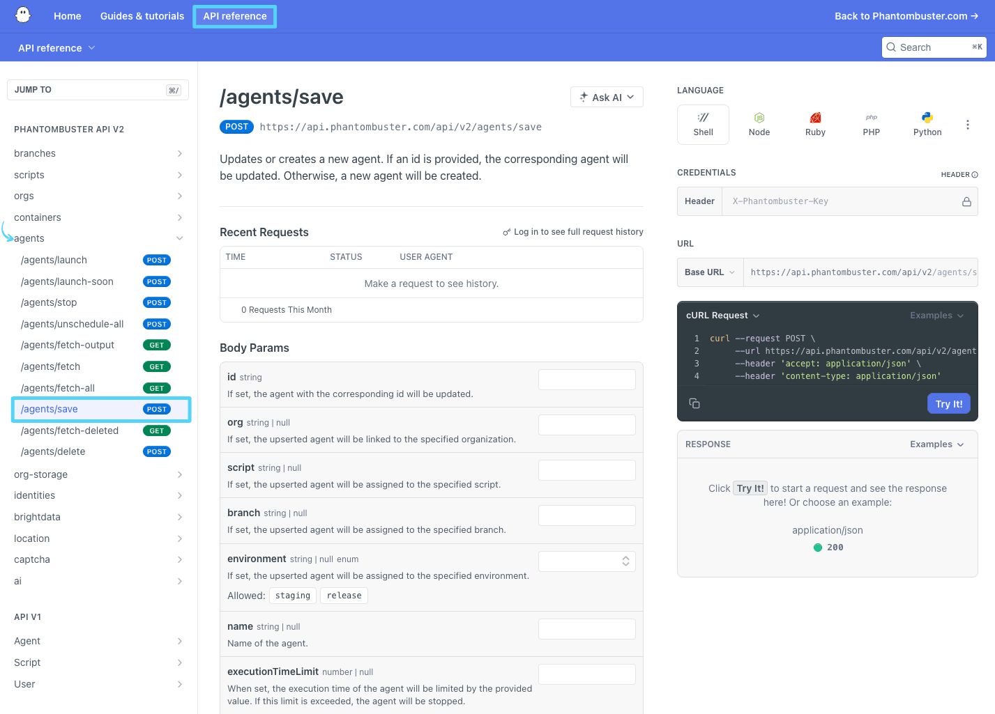 PhantomBuster API reference showing the POST /agents/save endpoint