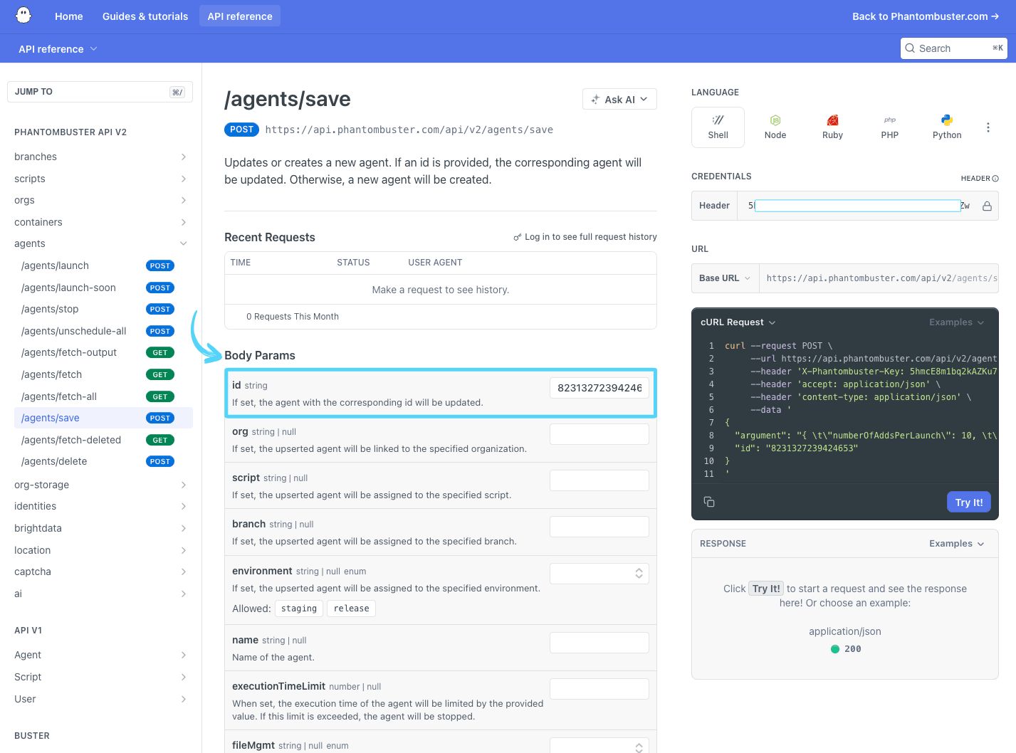 PhantomBuster API reference /agents/save Body params showing the id field for the Agent ID
