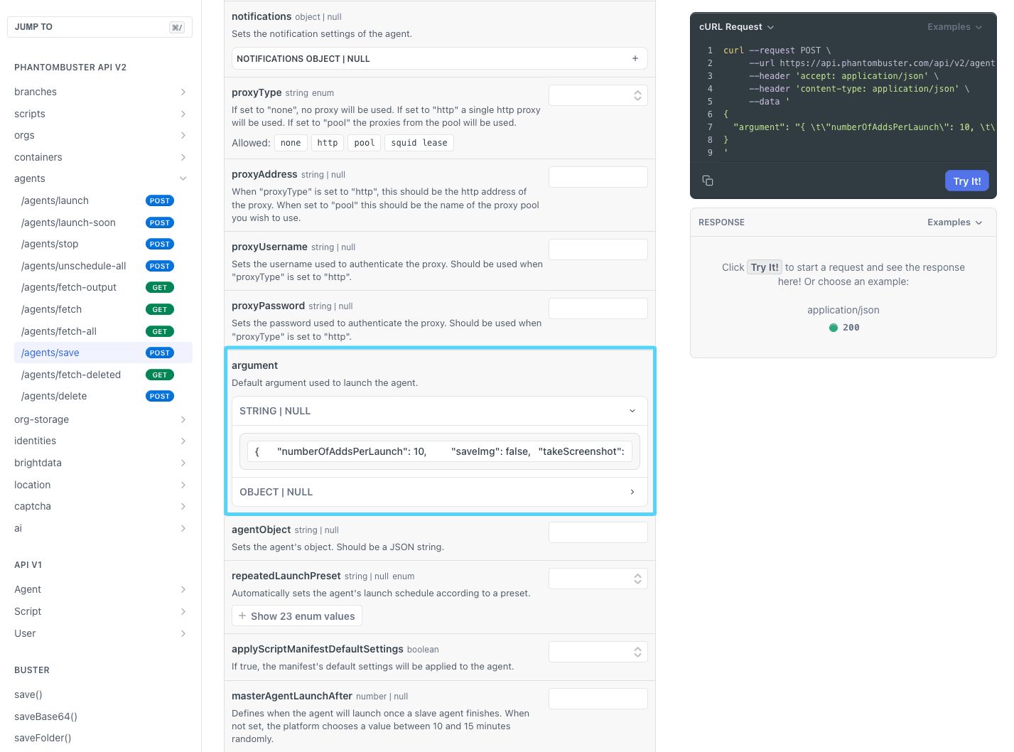 PhantomBuster API reference /agents/save showing the argument String field with the full JSON