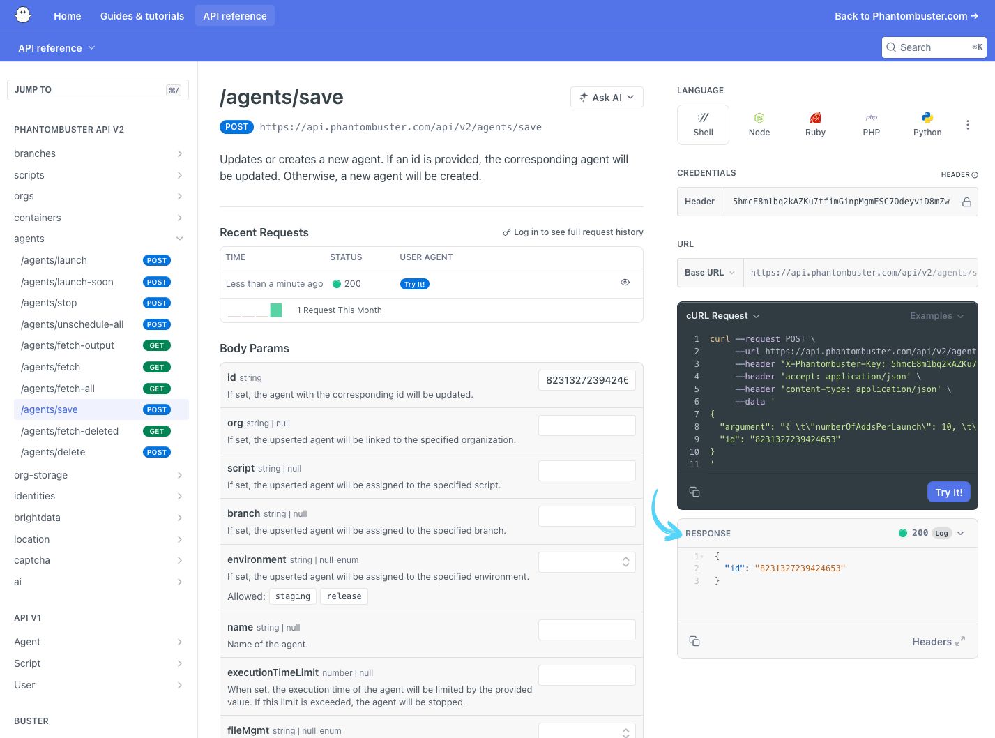 PhantomBuster API reference response showing a 200 status after updating the Phantom