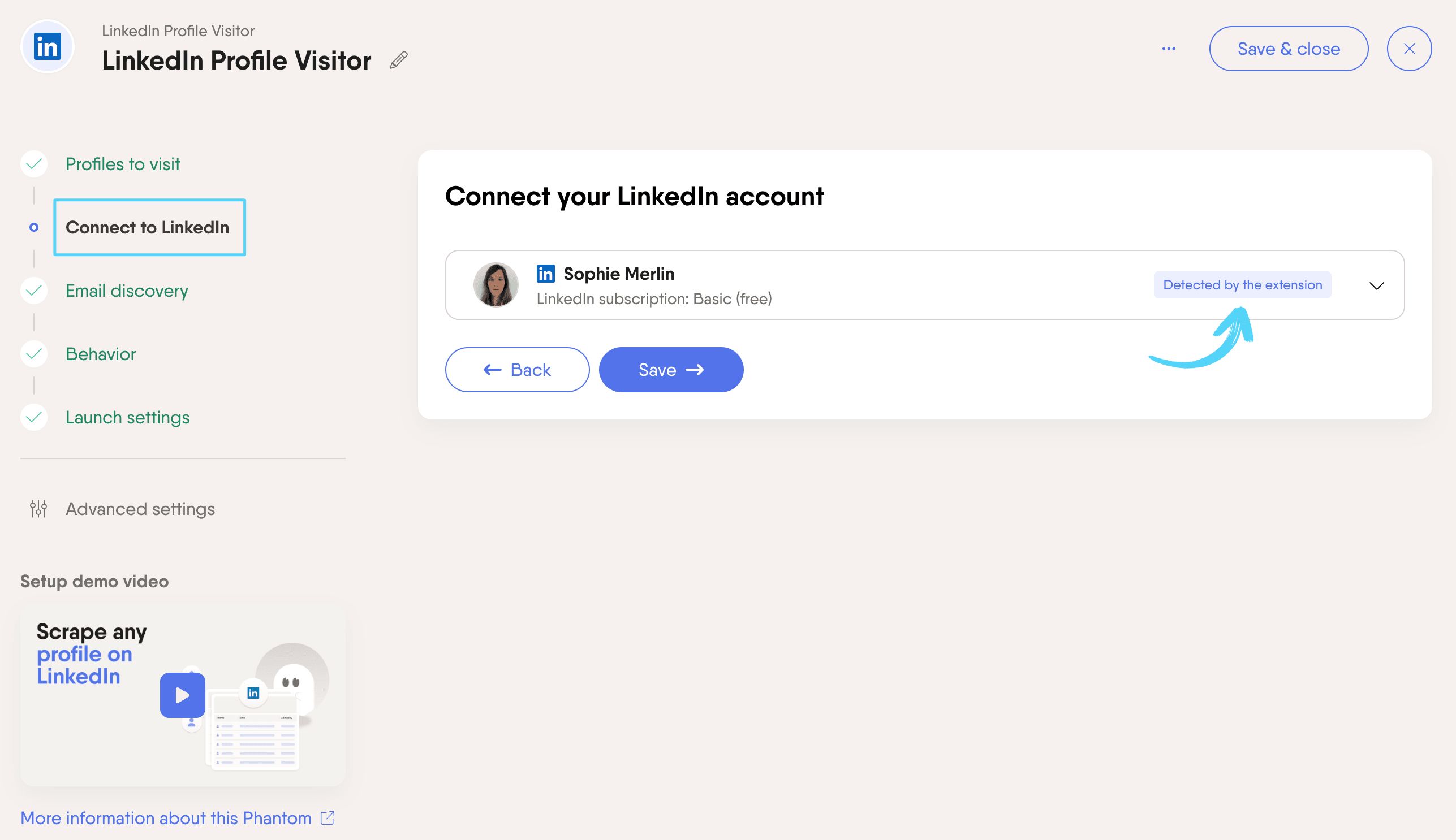 PhantomBuster Phantom setup account connection step showing how to connect with the browser extension
