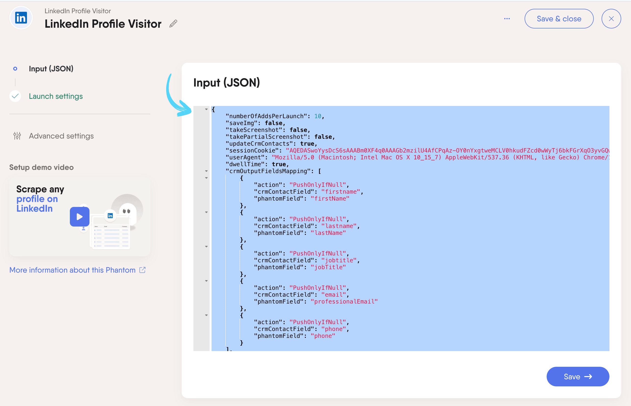 PhantomBuster Phantom setup JSON view showing the full argument object with sessionCookie and userAgent