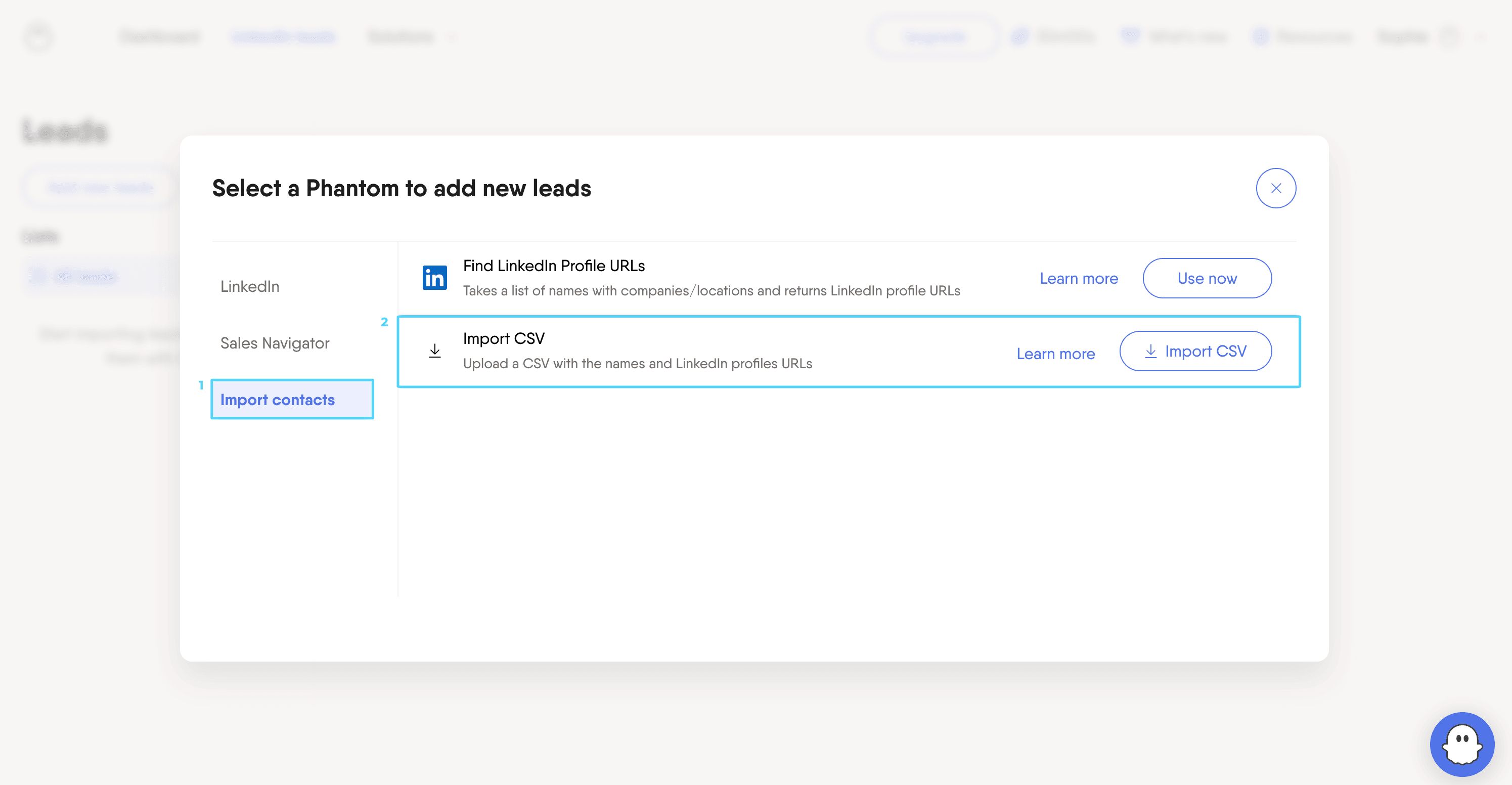 Import contacts and Import CSV options in PhantomBuster