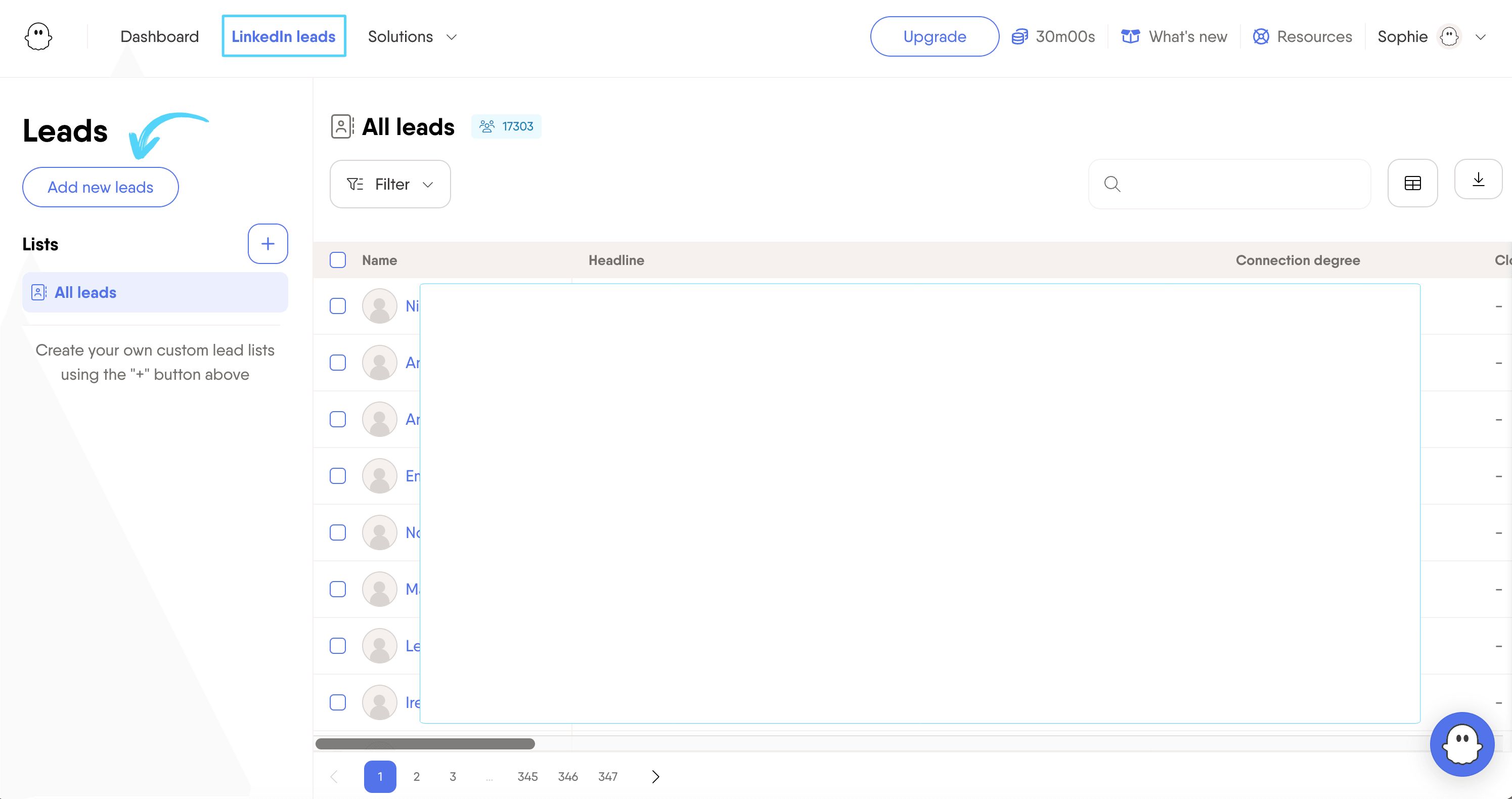 Add new leads button on the PhantomBuster LinkedIn Leads page
