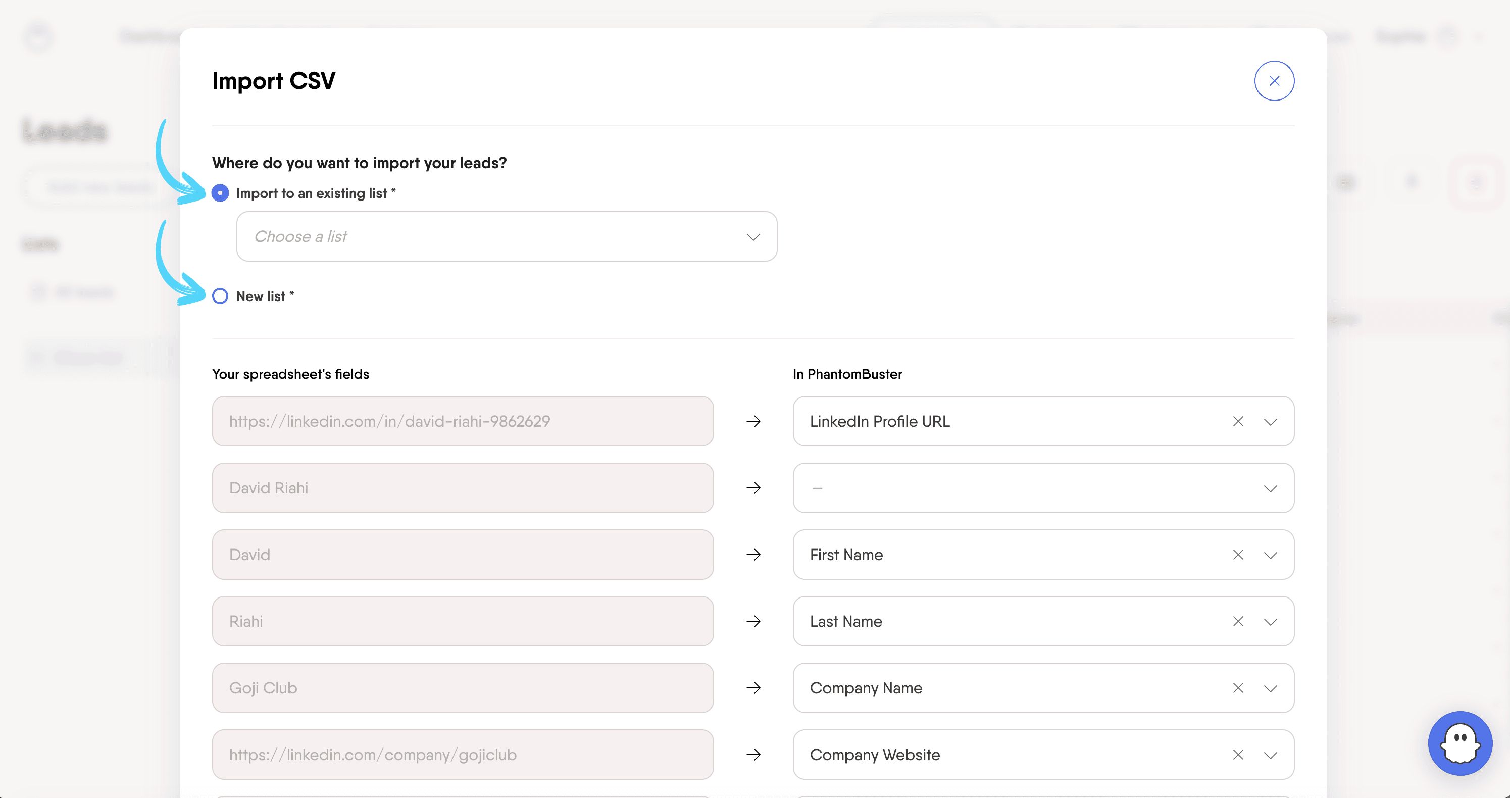 Choose where to import leads - new list or existing list