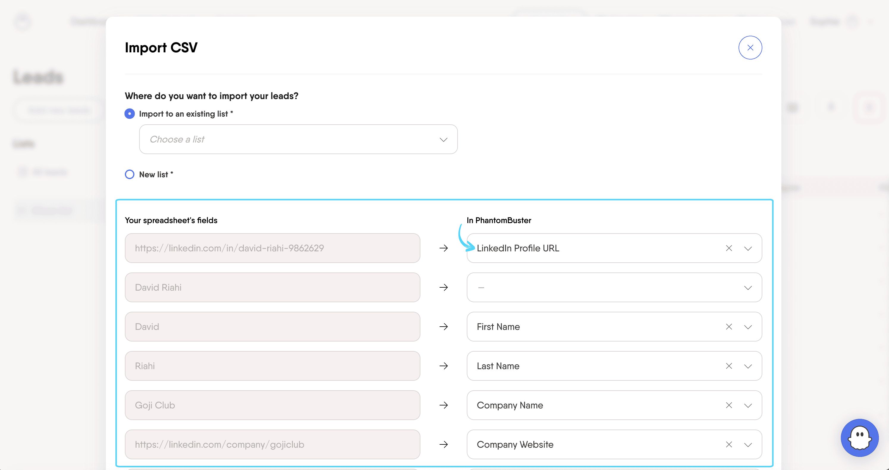 Field matching screen mapping CSV columns to LinkedIn Leads fields