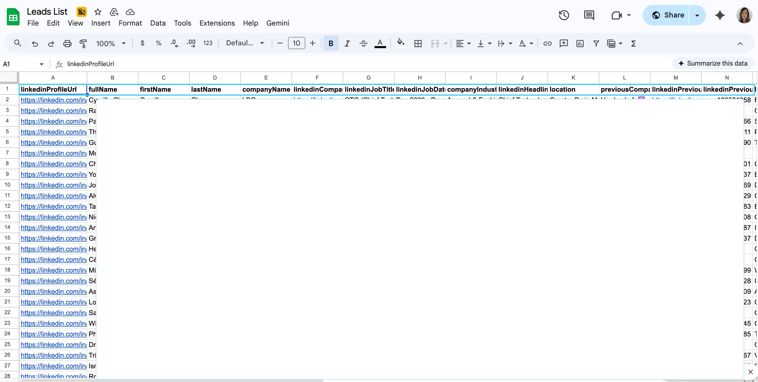 Example of a CSV file with clean column headers for LinkedIn Leads import