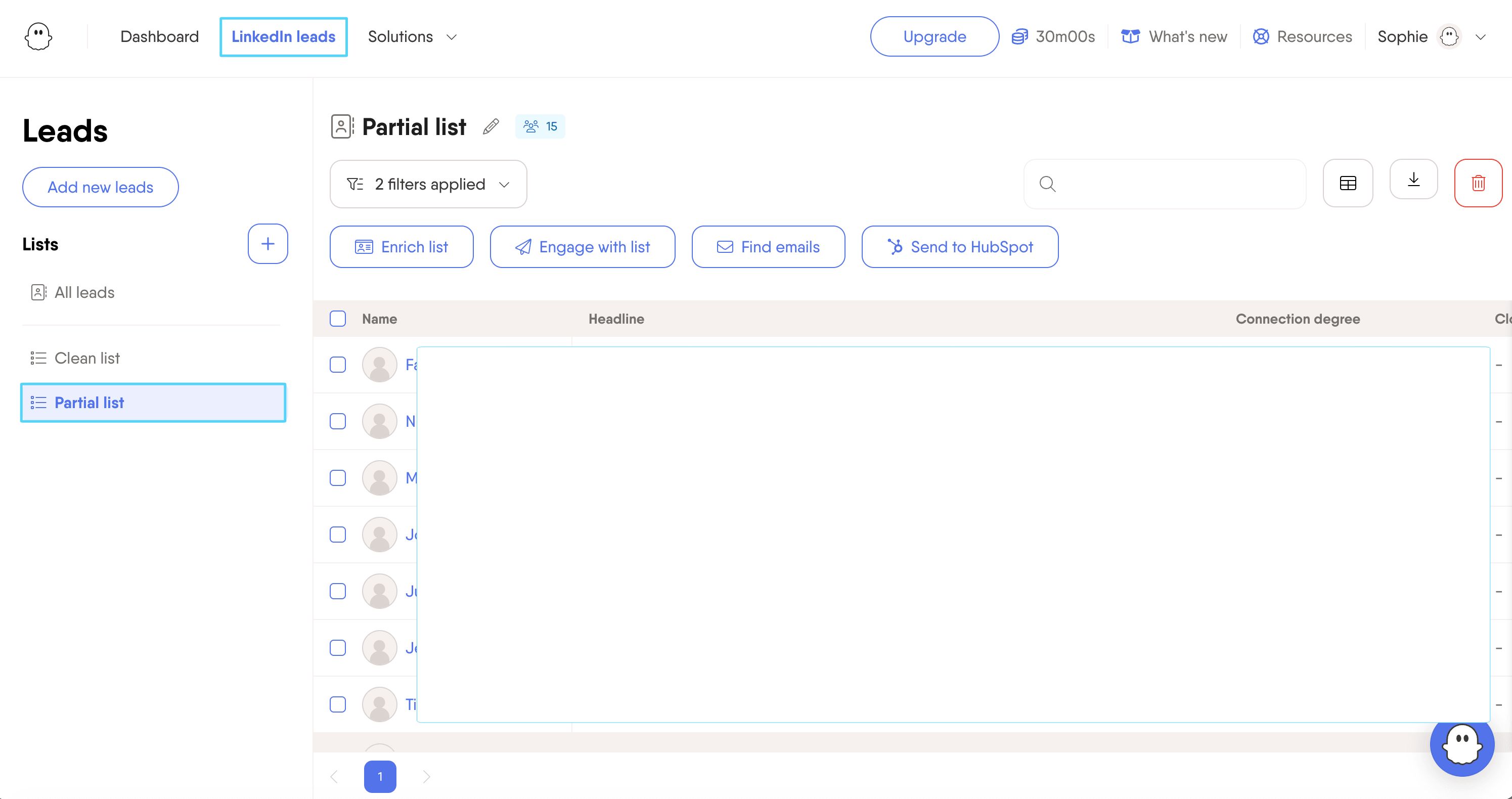 Imported lead list displayed in the PhantomBuster LinkedIn Leads page