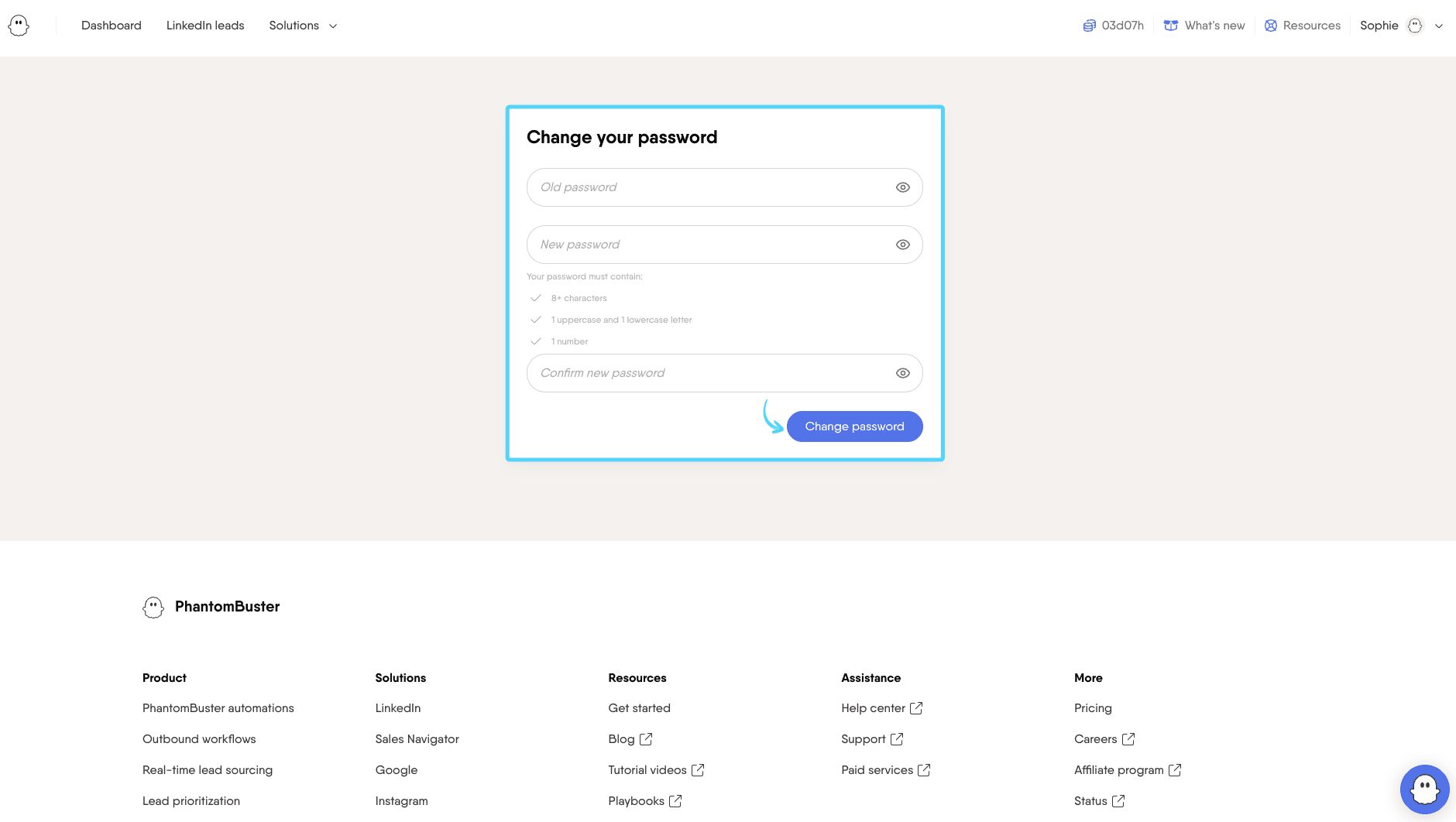 PhantomBuster change password form with current password and new password fields