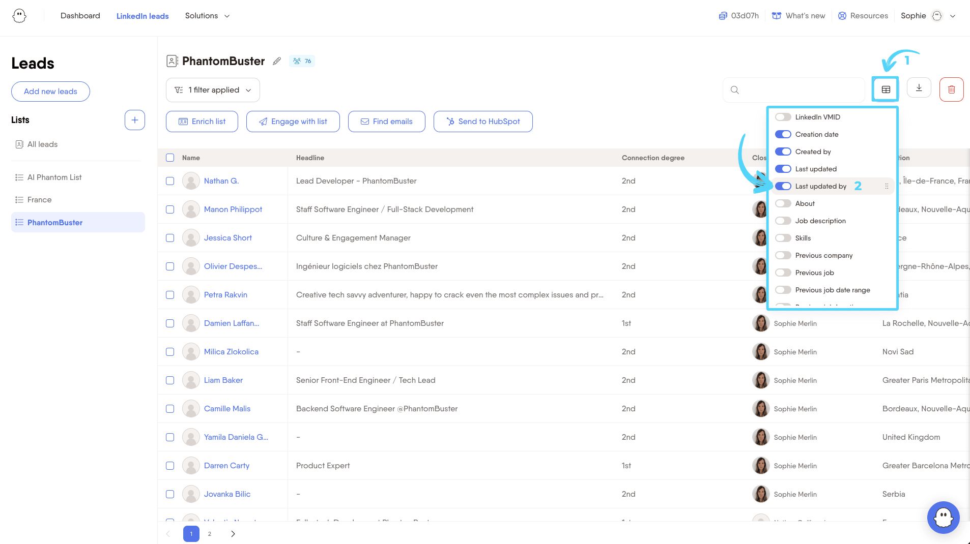 Manage columns menu with Last updated by column enabled in the LinkedIn Leads page