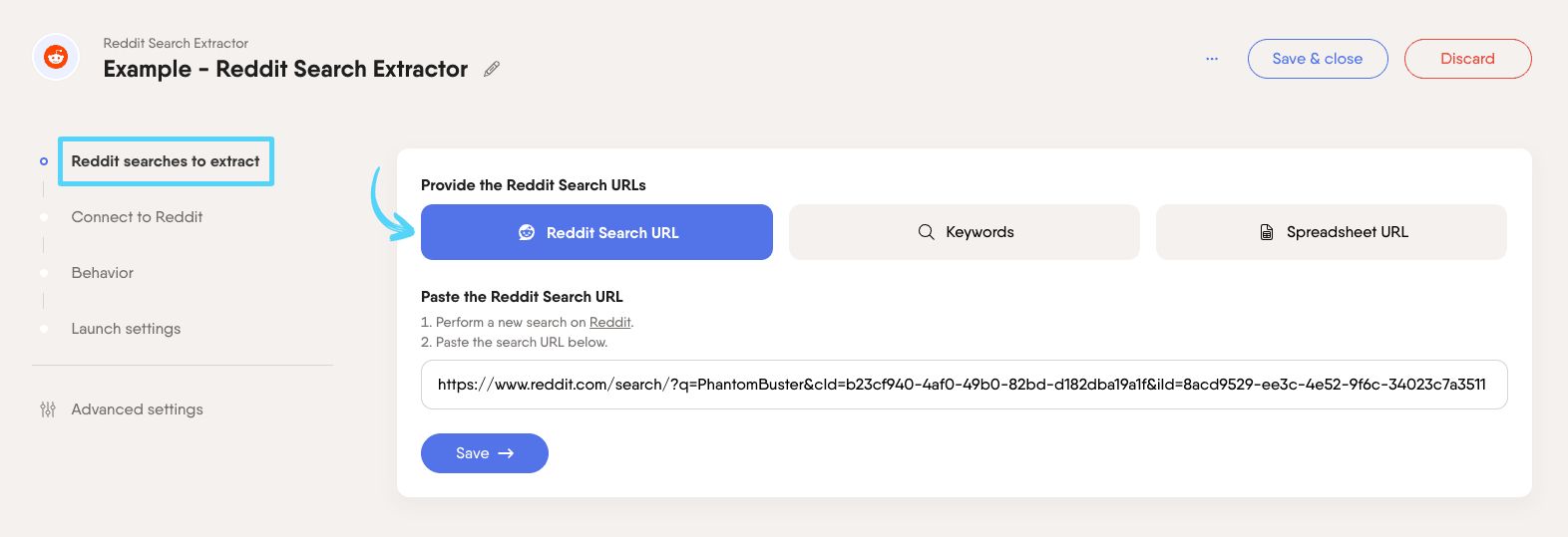 PhantomBuster Reddit Search Extractor step 1 providing the Reddit search URLs or keywords