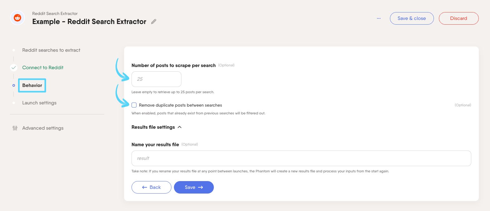 PhantomBuster Reddit Search Extractor step 3 setting the number of posts to scrape per search