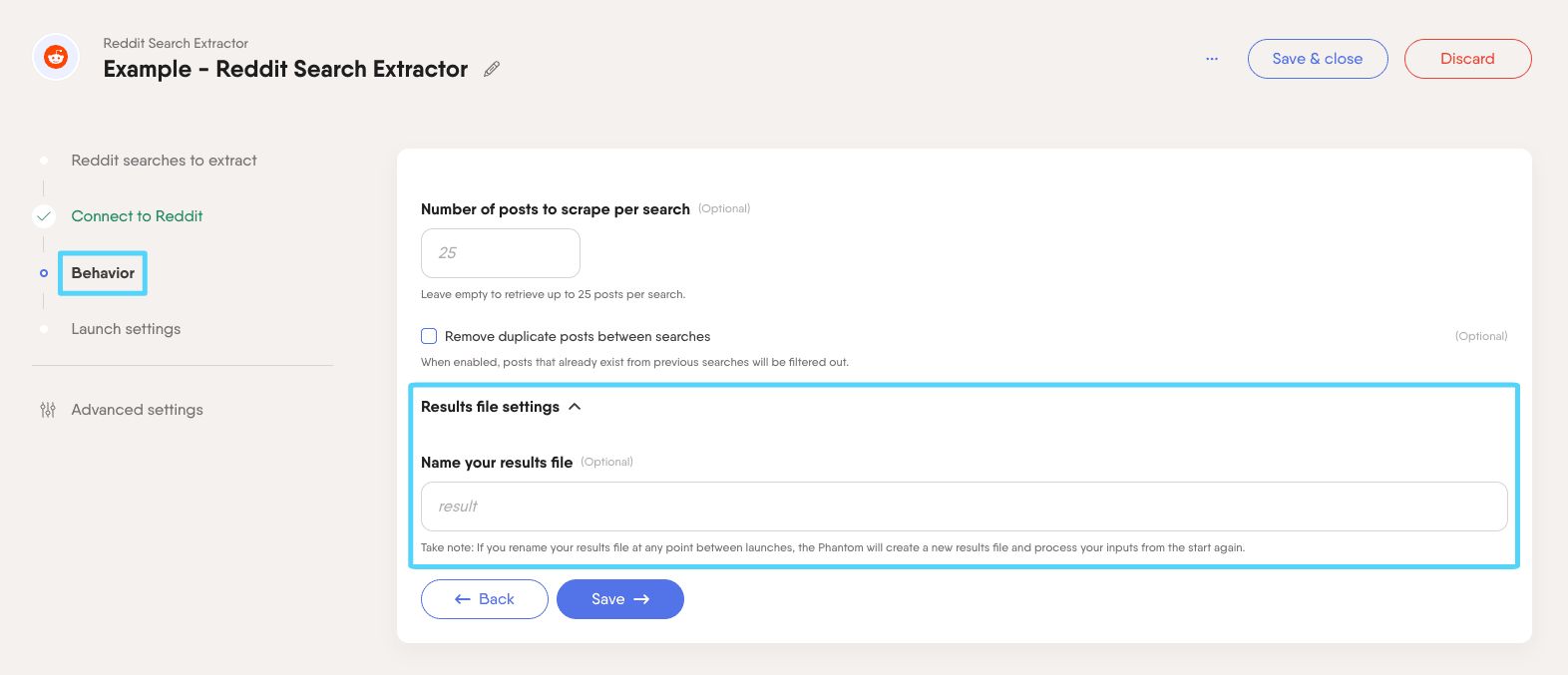PhantomBuster Reddit Search Extractor step 3 naming the results file