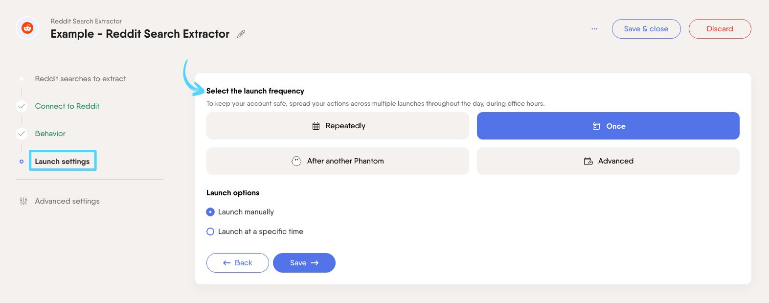 PhantomBuster Reddit Search Extractor step 4 selecting the launch frequency