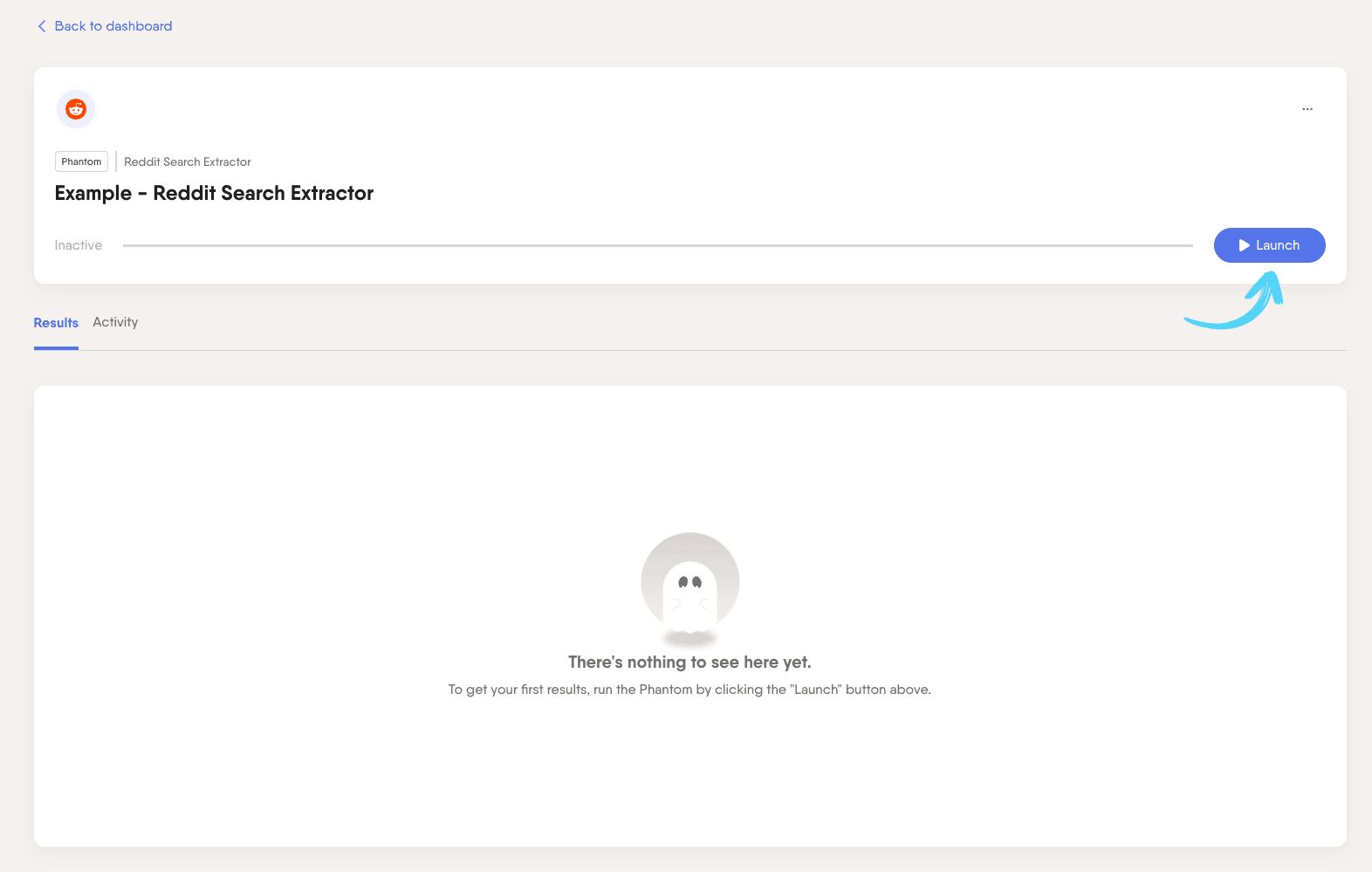 PhantomBuster Reddit Search Extractor Launch button in the Phantom console