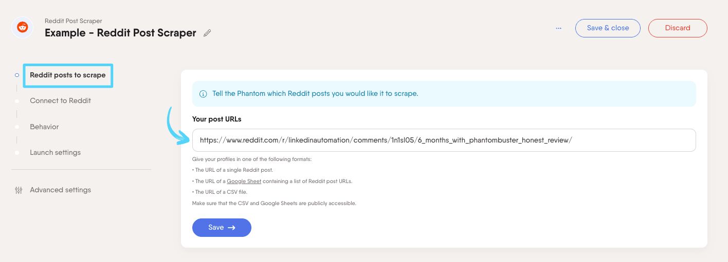 PhantomBuster Reddit Post Scraper step 1 providing the Reddit post URLs